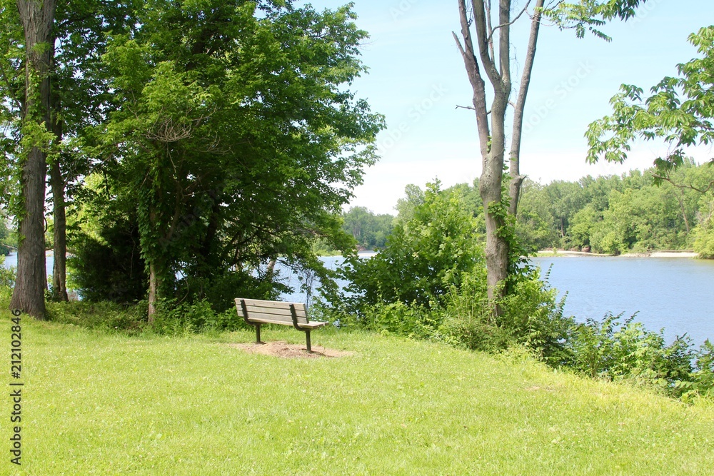 The wooden bench overlooking the river in the park. The wooden bench overlooking the river in the park.