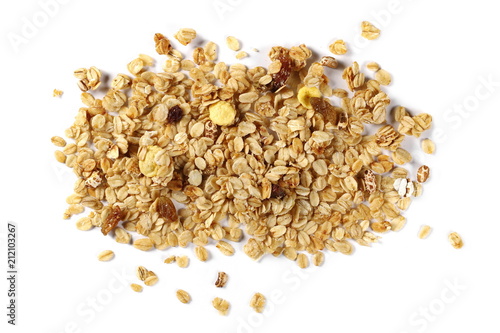 Crunchy granola, muesli pile isolated on white, top view