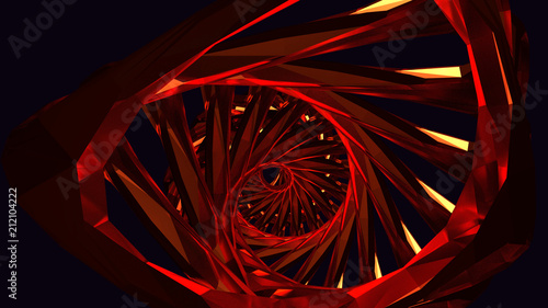 3D Abstract twist red metal tone multicolored spiral fractal pattern. Red metal tunnel construction.Computer generated graphics.Geometric abstract background.