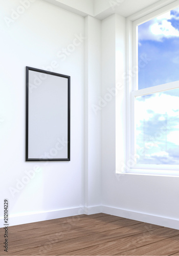 interior mock up blank poster on the white wall of room  3D illustration background