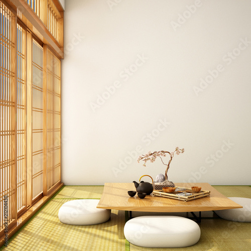 interior design,modern living room with table,wood floor and tatami mat and traditional japanese door on best window view ,was designed specifically in Japanese style, 3d illustration, 3d rendering