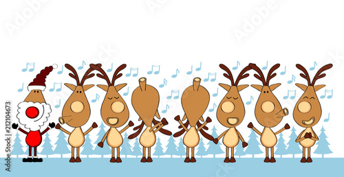 singende Elche mit Weihnachtsmann vor weissem Hintergrund, mit blauen Tannen, DIN lang, cartoon-IT
