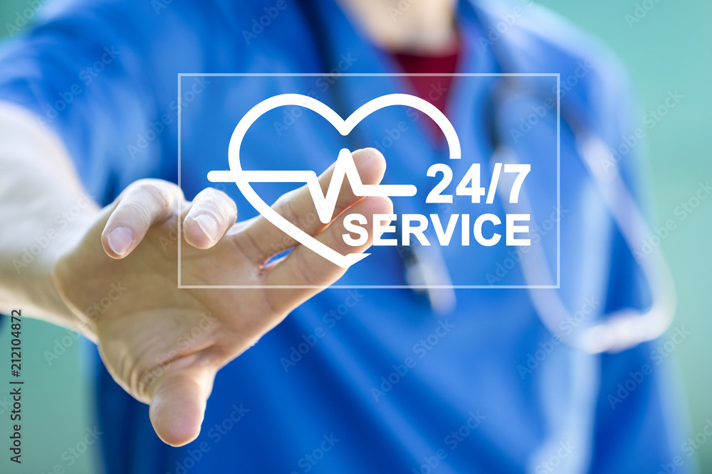 Doctor pushing button heart pulse 24 hours service healthcare in network on virtual panel medicine Doctor pushing button heart pulse 24 hours service healthcare in network on virtual panel medicine