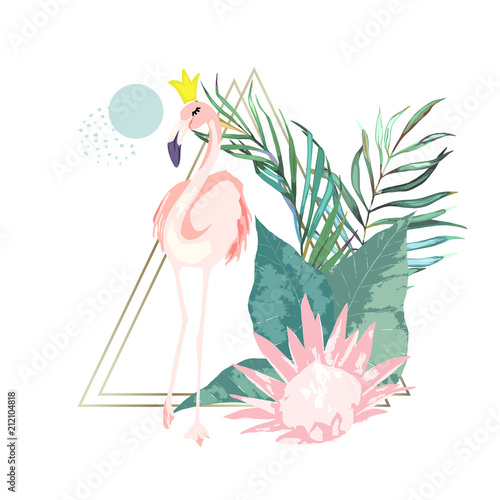 Cuter flamingo. Vector geometric  illustration. Summer abstract  print. Water...