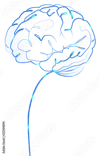 brain activity, line art brain, neurons firing, blue light, thick thin line