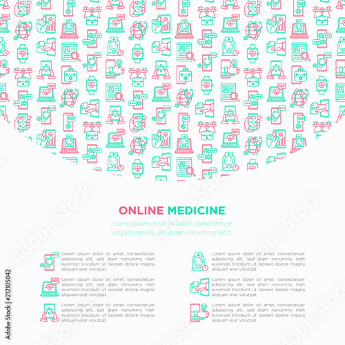 Online medicine, telemedicine concept with thin line icons: pill timer, ambulance online, medical drone, tracker, mHealth, messenger. Modern vector illustration, print media template.
