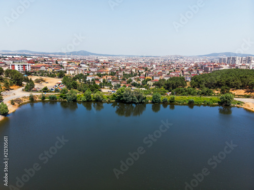Aerial Drone View of Aydos Forest Lake in Istanbul