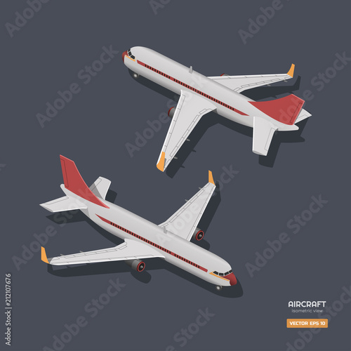 Civil aircraft in isometric style. Industrial drawing of 3d airplane. Front and back view. Plane icon for game or infographic