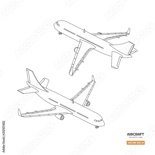 Civil isometric aircraft in outline style. Industrial blueprint of airplane. Front and back view. Plane contour icon for print or infographic