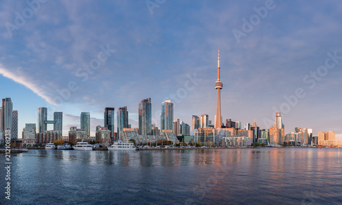Toronto cityscape from the islands at dusk.