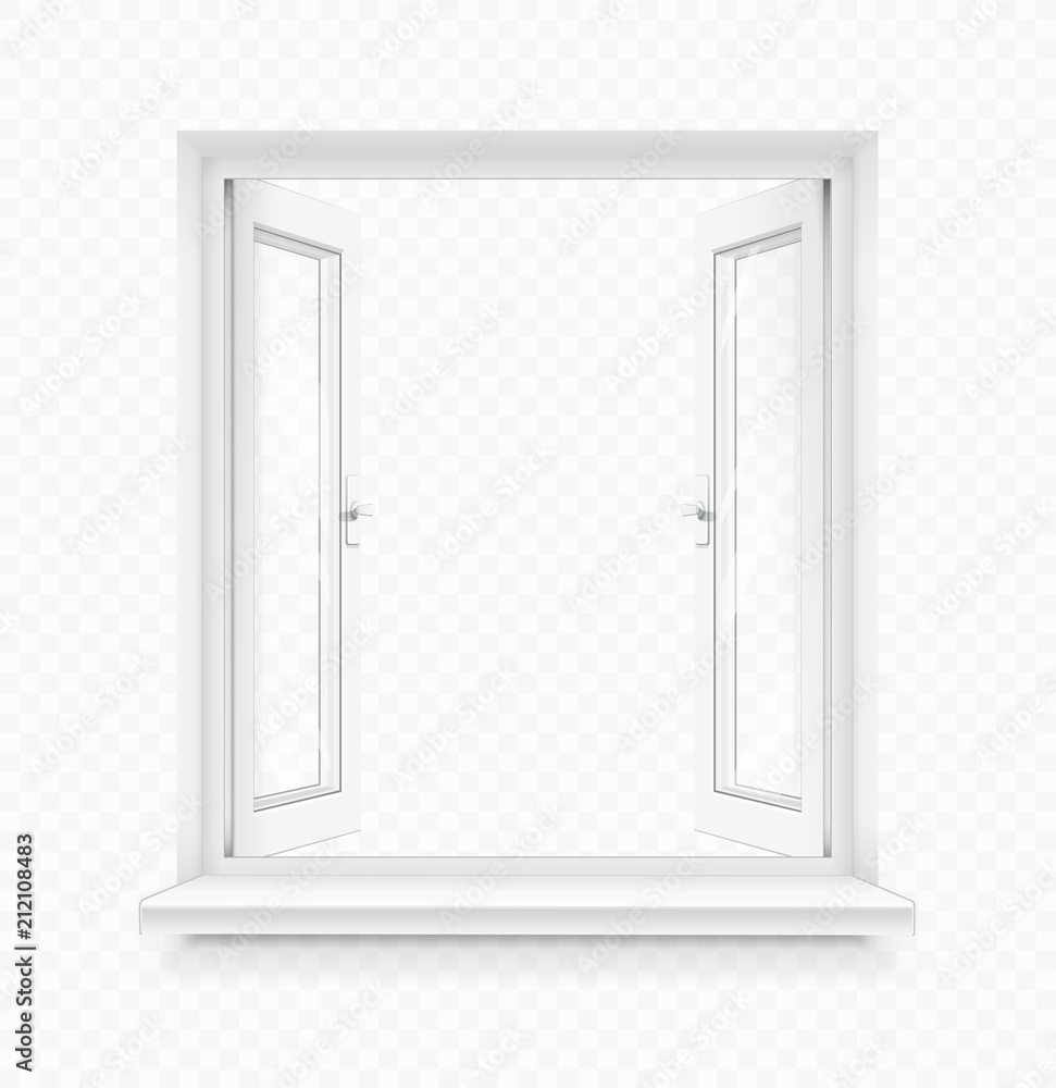 White classic plastic open window with windowsill. Transparent White classic plastic open window with windowsill. Transparent