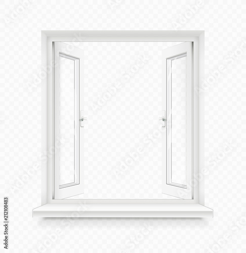 White classic plastic open window with windowsill. Transparent photo