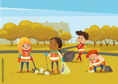 Multiracial children wearing orange vests collect rubbish for recycling, Kids gathering plastic bottles and garbage for recycling. Boy throws litter into bin. Early childhood education.Vector