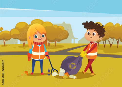 Boy and girl wearing orange vests collect rubbish for recycling at park. Kids gathering plastic bottles and garbage for recycling. Boy throws litter into bin. Early childhood education.Vector