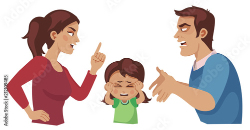 husband and wife quarrel, scared doughter covering her ears with her hands. parental divorce and children. cartoon vector illustration.