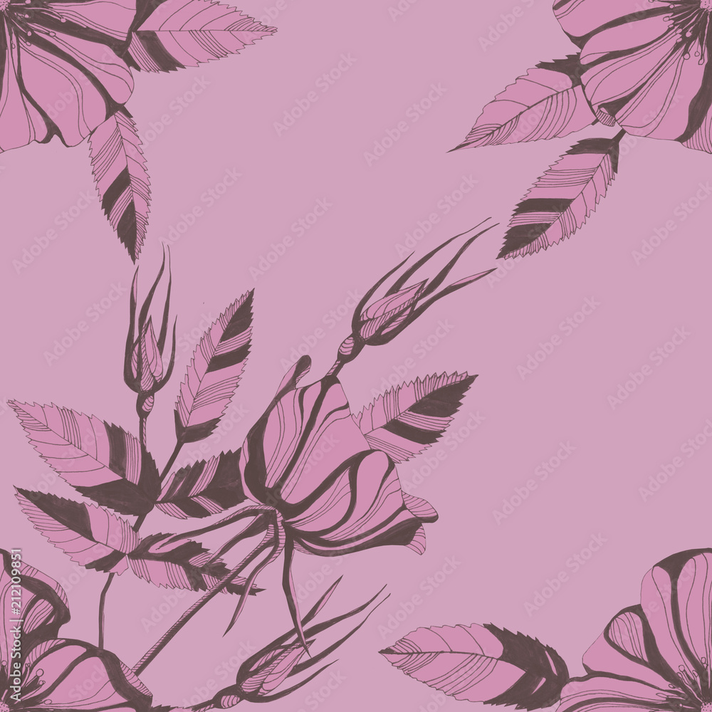 Obraz premium Awesome rose flowers. Hand drawn ink illustration. Wallpaper or fabric design.