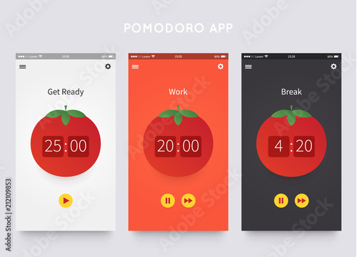 Pomodoro technique. App ui design template with pomodoro clock. Time management. Vector illustartion