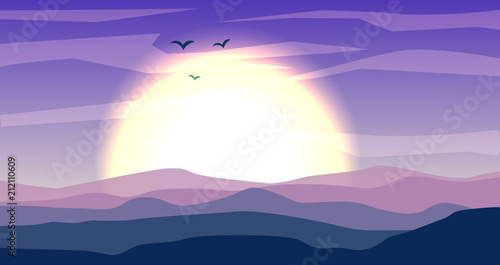 Desert panoramic landscape with dunes and sunset, sundown in blue and magenta colors. Calm desert background, dune and hills. Game deserts scene with big sun and clouds
