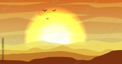 Hot yellow and orange desert panoramic landscape with dunes and sunset, sundown in gold yellow colors. Calm desert background, dune and hills. Game deserts scene with big sun, birds and clouds