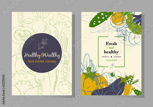 Set of templates with vegetables. Design concept for ecomarket, restaurant, cafe advertising, promotion.