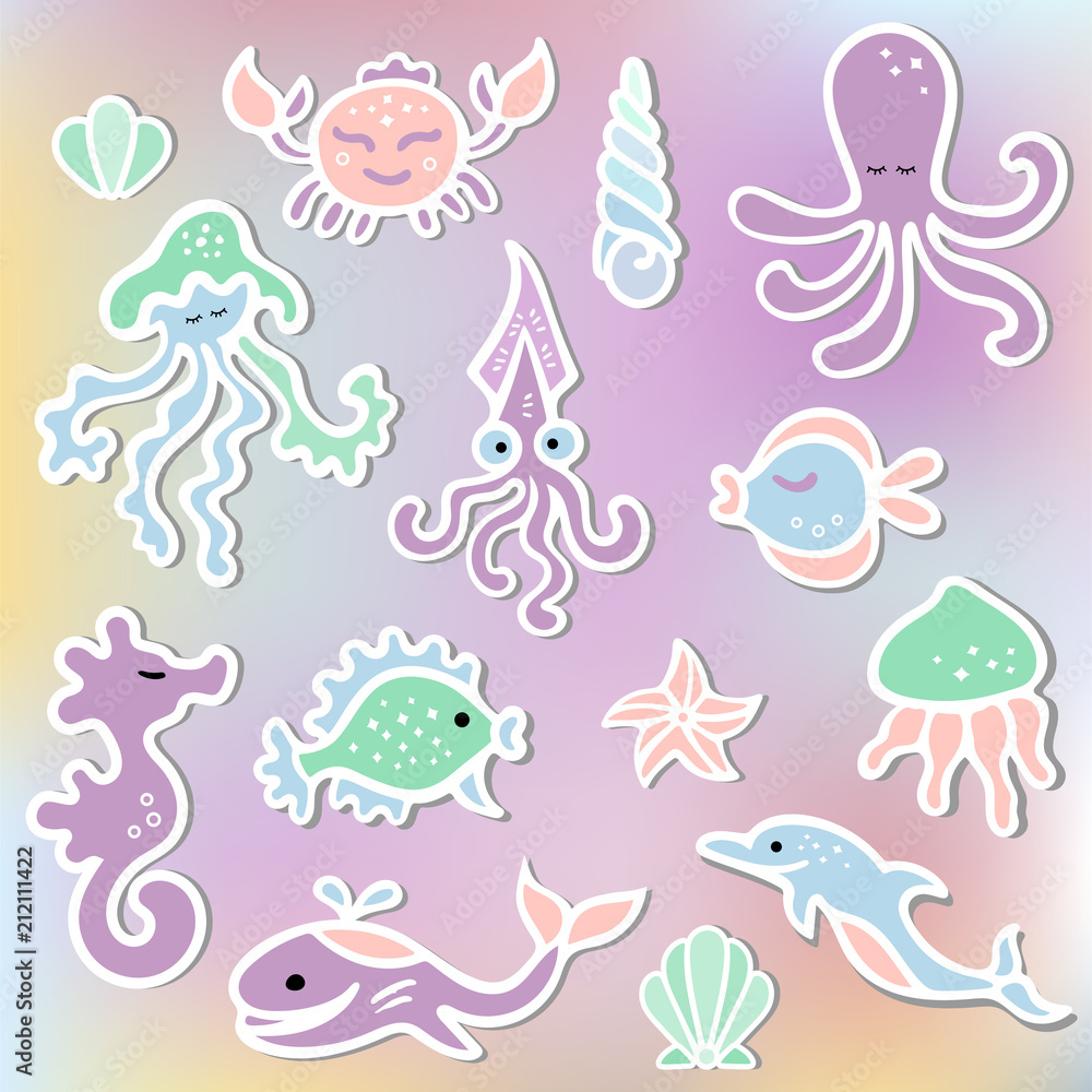 Vector set with Mermaid's friends: octopus, dolphin, whale, sea hourse, crab. Ocean animals as sticker, patch, stick cake toppers. Props for First Year Baby Anniversary, Birthday, Under the Sea party.