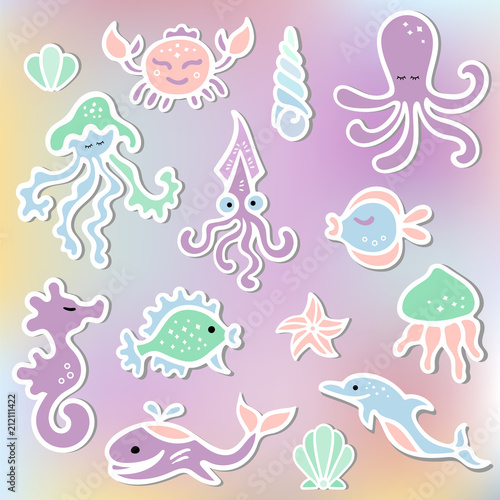 Vector set with Mermaid s friends  octopus  dolphin  whale  sea hourse  crab. Ocean animals as sticker  patch  stick cake toppers. Props for First Year Baby Anniversary  Birthday  Under the Sea party.