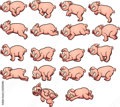 Cartoon pig sprites with running and jumping actions, ready for animation. Vector clip art illustration with simple gradients. Each on a separate layer. 