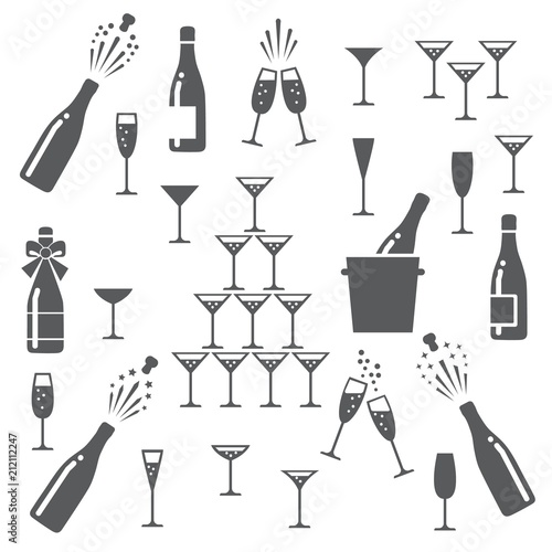 Champagne icons. Cheering opening popping bottles and glasses of champagne, cheers and cheerful signs silhouettes vector illustration