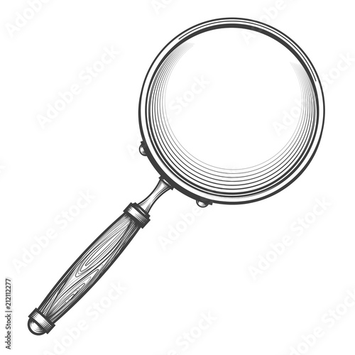 Engraving magnifier glass. Retro hand drawing magnify lupe, antique magnifying glass sketch vector illustration