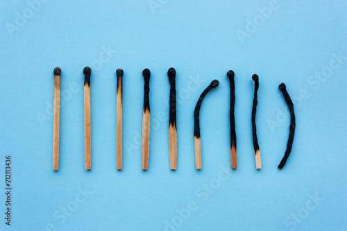 Картината върху платно Burned matches in a row on a blue background