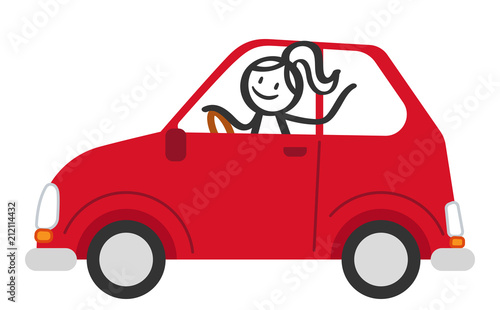 Frau fährt Auto, Strichmännchen, Frau am Steuer, roter PKW
