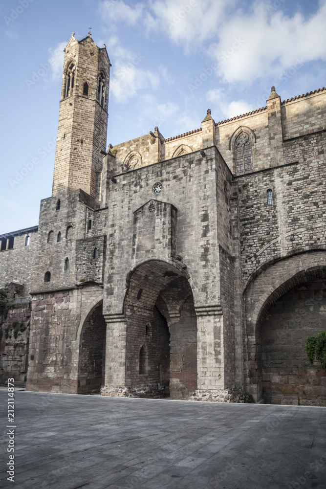 Gothic quarter, square with medieval walls of Barcelona.