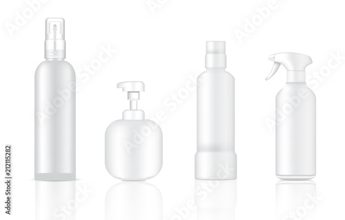 Mock up Realistic White Cosmetic Soap, Shampoo and Spray Luxury Bottles Set Background Illustration