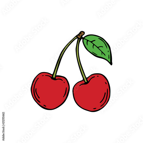 two vector red cherries with green leaf isolated at white background