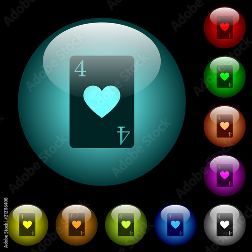 Four of hearts card icons in color illuminated glass buttons