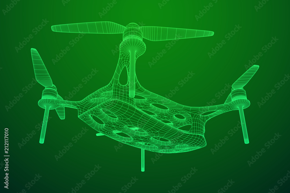 Remote control air drone. Dron flying with action video camera. Wireframe low poly mesh vector illustration Remote control air drone. Dron flying with action video camera. Wireframe low poly mesh vector illustration