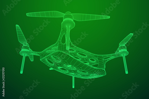 Remote control air drone. Dron flying with action video camera. Wireframe low poly mesh vector illustration