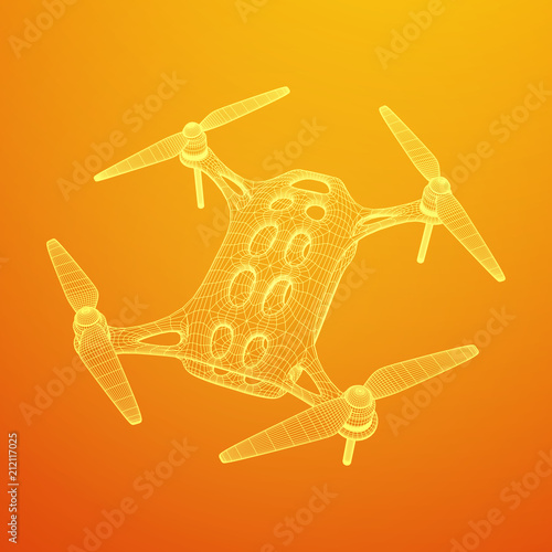 Remote control air drone. Dron flying with action video camera. Wireframe low poly mesh vector illustration