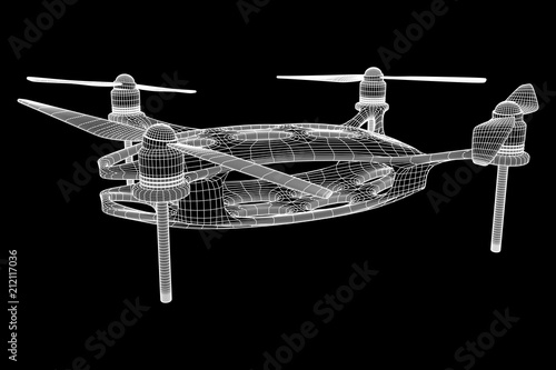 Remote control air drone. Dron flying with action video camera. Wireframe low poly mesh vector illustration