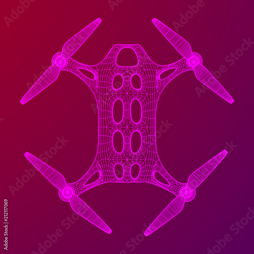 Remote control air drone. Dron flying with action video camera. Wireframe low poly mesh vector illustration