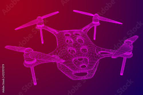 Remote control air drone. Dron flying with action video camera. Wireframe low poly mesh vector illustration