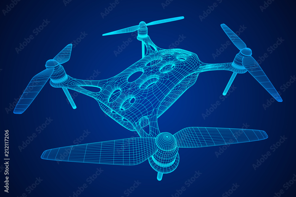 Remote control air drone. Dron flying with action video camera. Wireframe low poly mesh vector illustration Remote control air drone. Dron flying with action video camera. Wireframe low poly mesh vector illustration