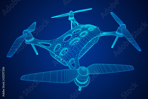 Remote control air drone. Dron flying with action video camera. Wireframe low poly mesh vector illustration
