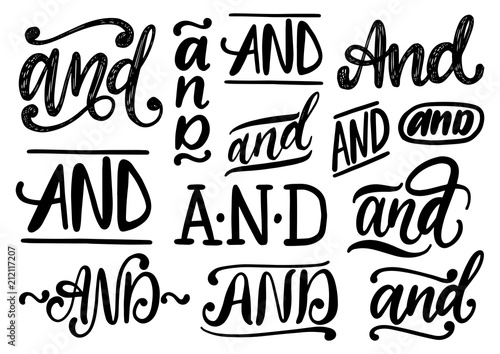 Handwritten conjunctions And vector set. Calligraphic collection of catchwords on white background.
