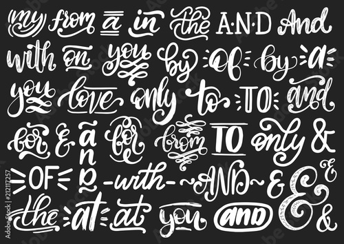 Handwritten catchwords and ampersands vector set.Calligraphy collection of conjunctions,prepositions on black background