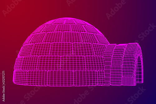 Igloo icehouse. Snowhouse or snowhut. Eskimo shelter built of ice. Wireframe low poly mesh vector illustration