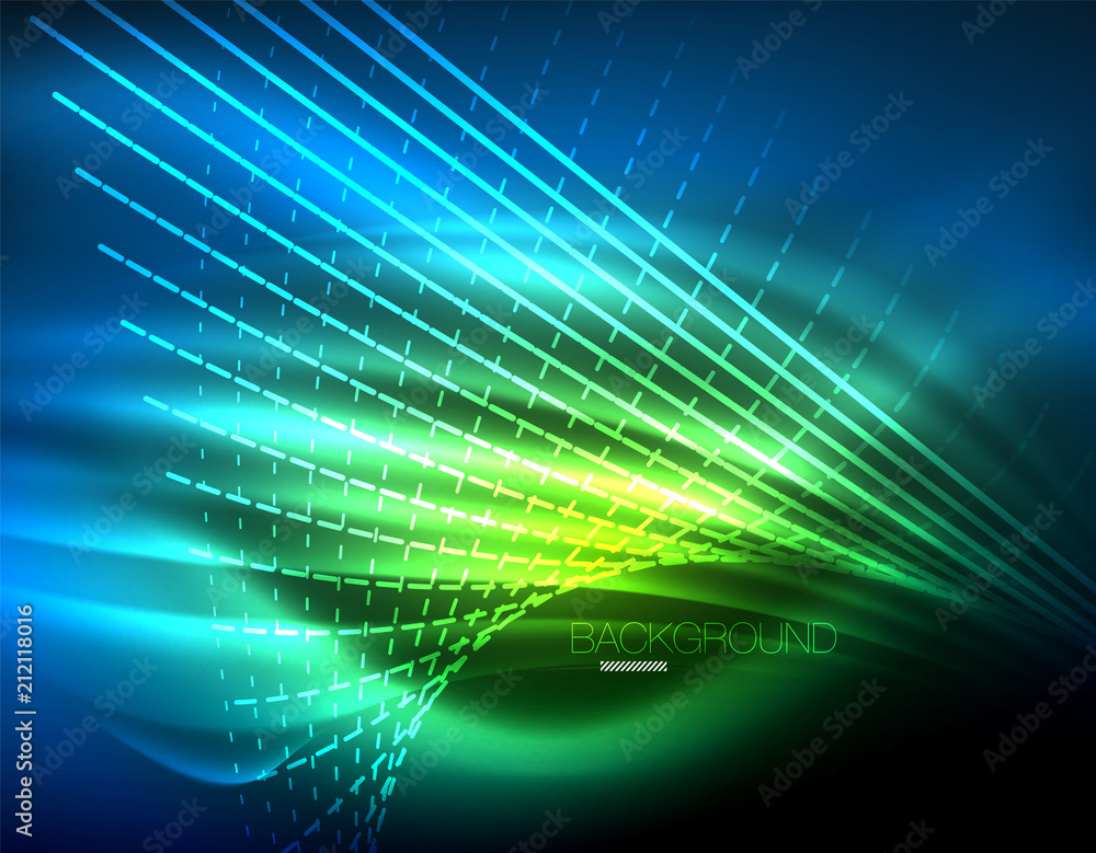Obraz premium Smooth light effect, straight lines on glowing shiny neon dark background. Energy technology idea