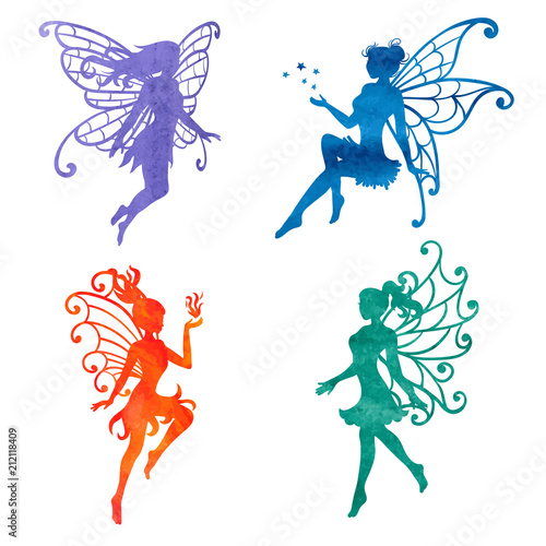 Stampa su tela Set of watercolor fairy. Vector illustrations isolated on white.