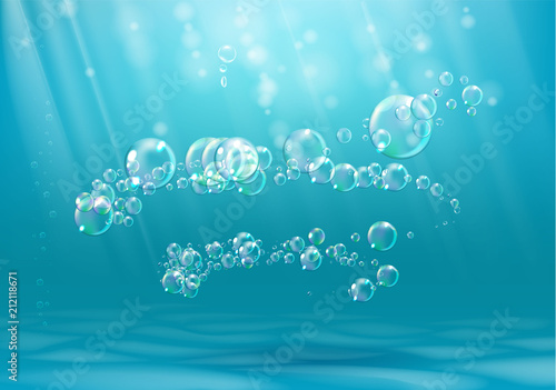 Background under water with bubbles illuminated by the sun. Template for advertising and posters.