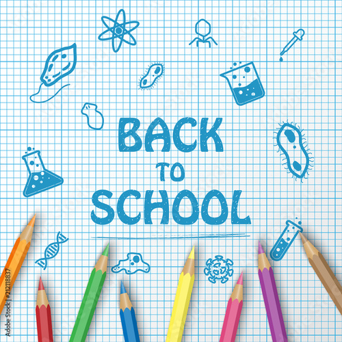 Back to school text drawing on paper graph with school items and elements and color pencils, vector illustration